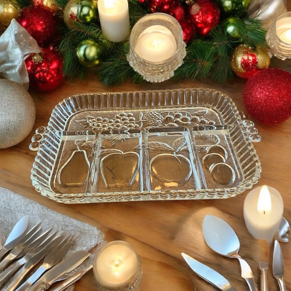 Vintage Indiana Glass Crystal Happenings 5 Part Divided Relish Tray Fruit Platte